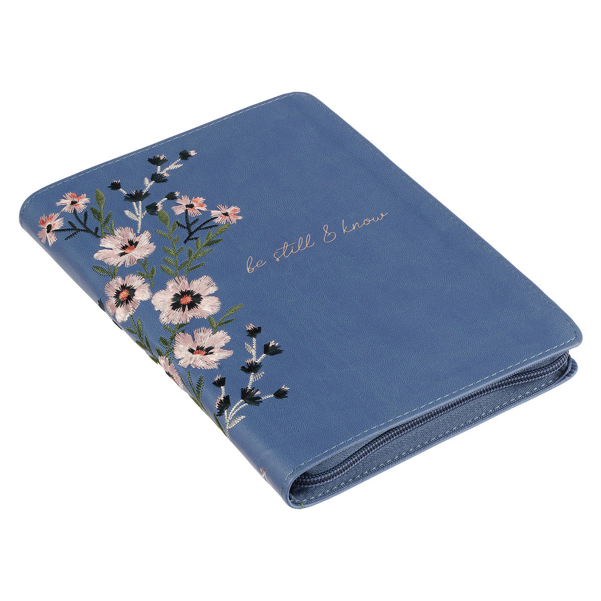 Be Still Floral Embroidered Blue Faux Leather Classic Journal with Zippered Closure - Psalm 46:10 - The Christian Gift Company