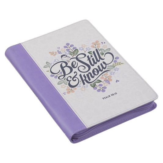 Be Still Purple Pasture Faux Leather Journal with Zippered Closure - Psalm 46:10 - The Christian Gift Company