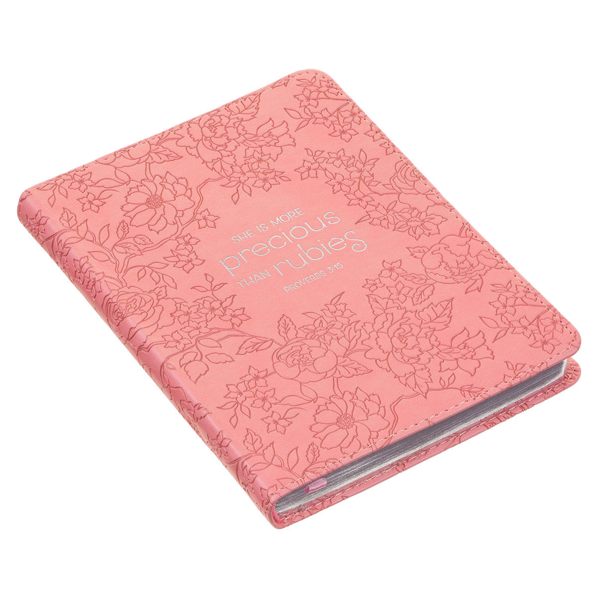 More Precious than Rubies Strawberry Pink Handy-sized Faux Leather Journal - Proverbs 31:26 - The Christian Gift Company