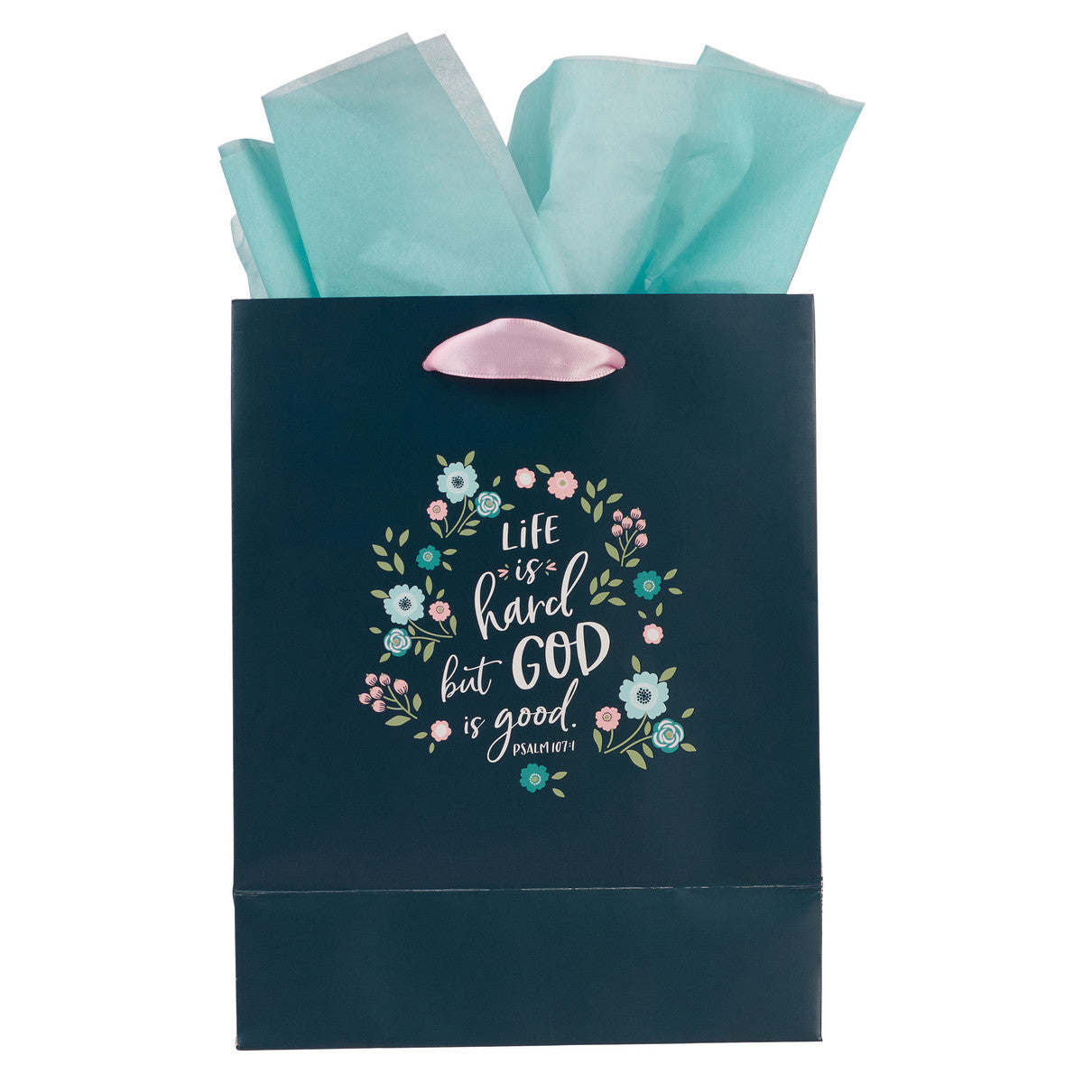 Let's Celebrate Blue Floral Medium Gift Bag - Psalm 107:1 - The Christian Gift Company