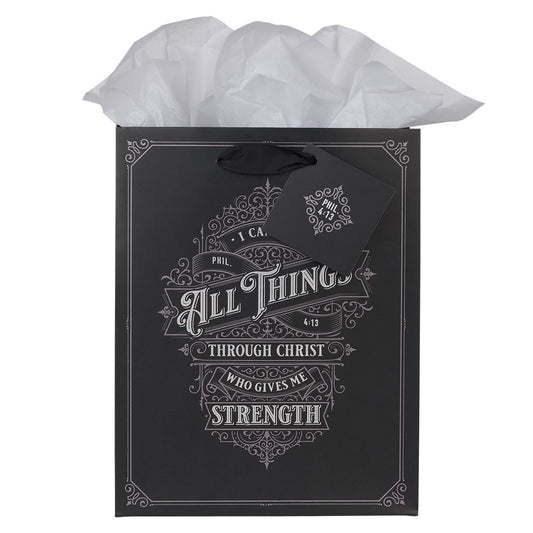 Through Christ Black and Silver Medium Gift Bag - Philippians 4:13 - The Christian Gift Company