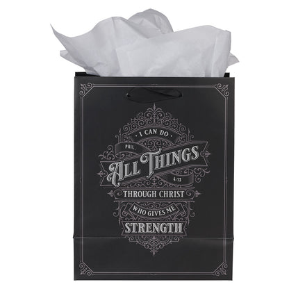 Through Christ Black and Silver Medium Gift Bag - Philippians 4:13 - The Christian Gift Company