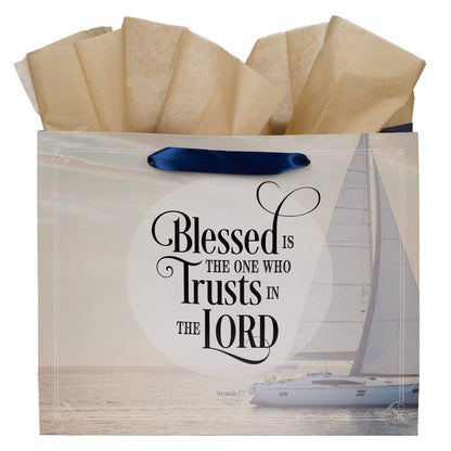 Father's Day Nautical Navy Large Landscape Gift Bag with Card - Jeremiah 17:7 - The Christian Gift Company