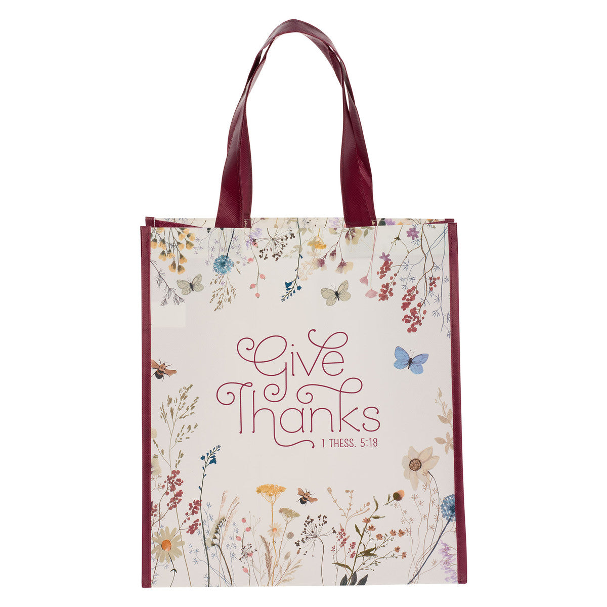Give Thanks Topsy-Turvy Wildflower Non-Woven Coated Tote Bag - 1 Thessalonians 5:18 - The Christian Gift Company