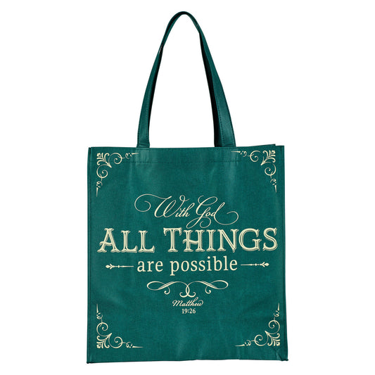 All Things are Possible Green Shopping Tote Bag - Matthew 19:26 - The Christian Gift Company