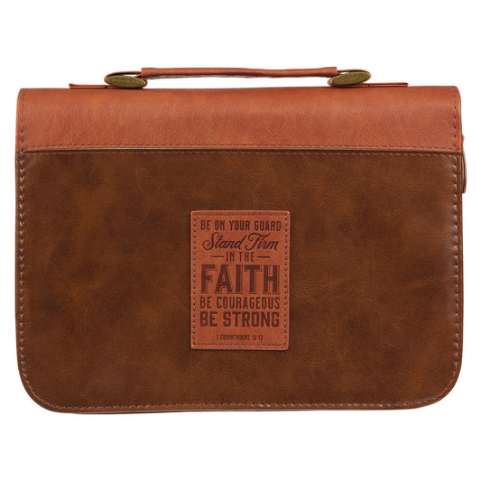 Stand Firm Two-tone Brown Faux Leather Classic Bible Cover - 1 Corinthians 16:13 - The Christian Gift Company