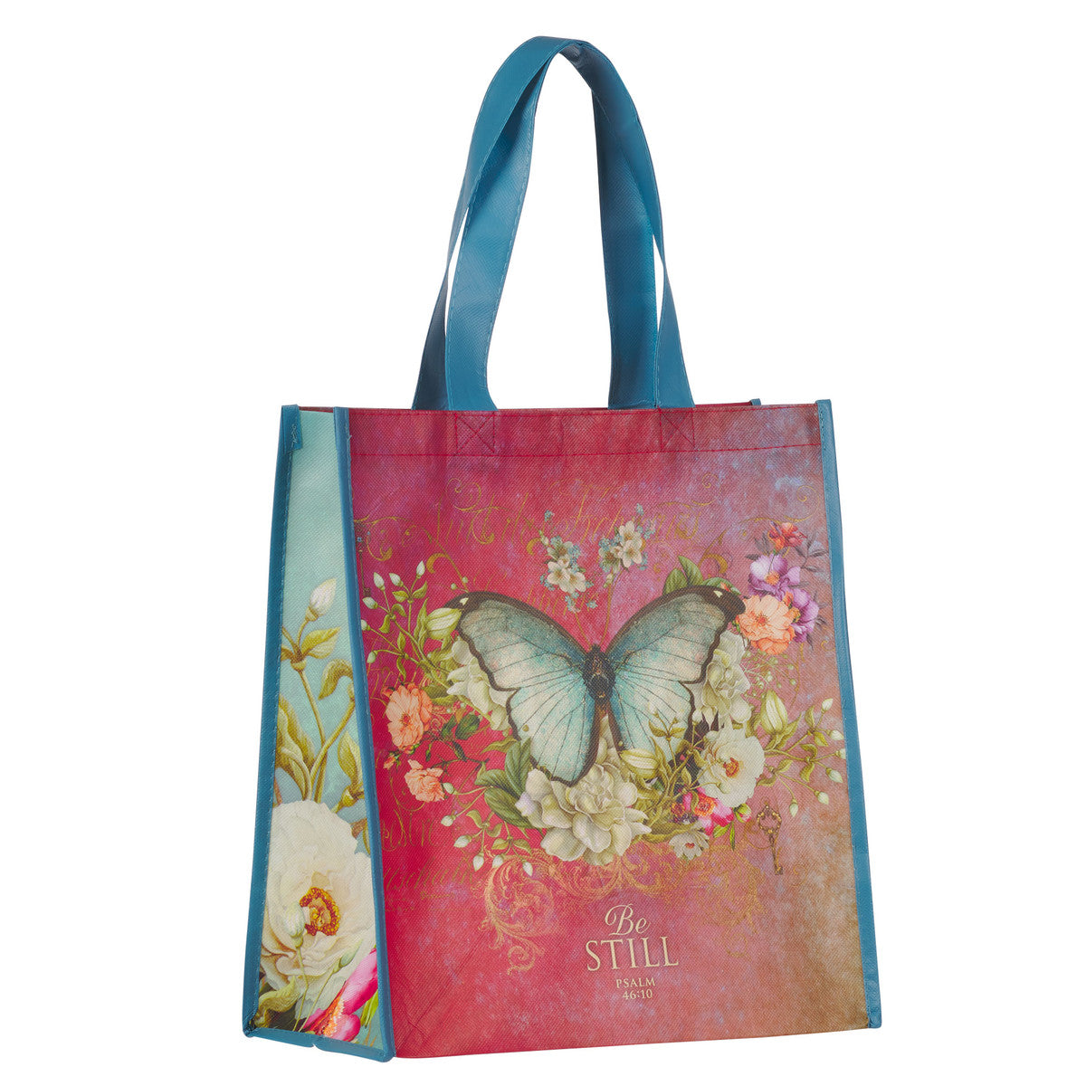Be Still Butterfly Pink Non-Woven Coated Tote Bag - Psalm 46:10 - The Christian Gift Company