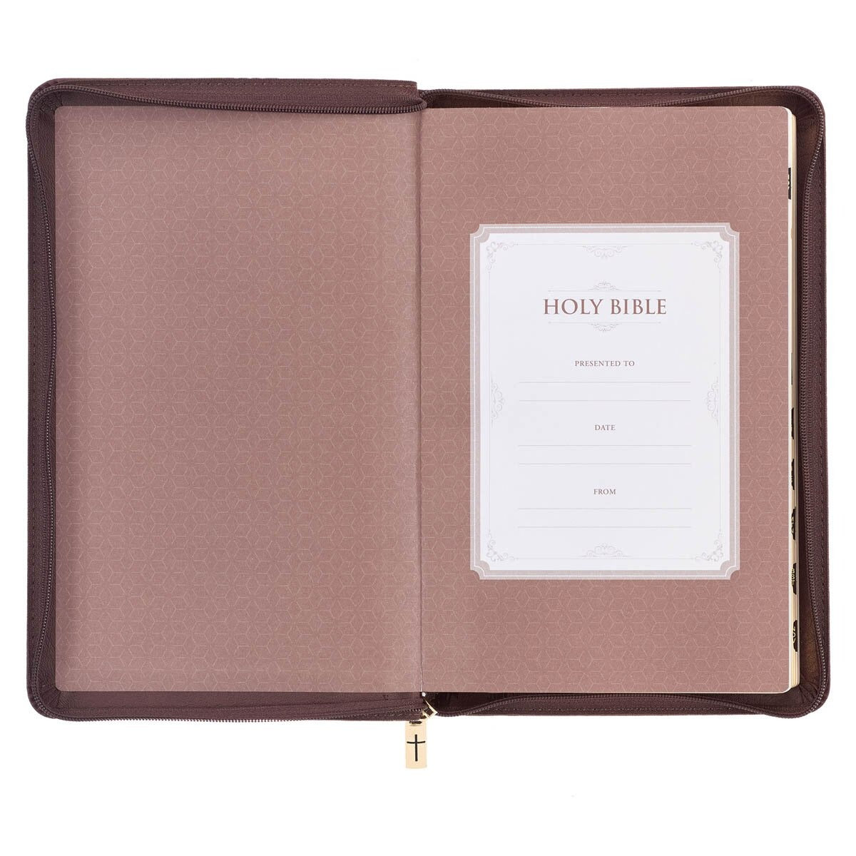 Walnut Brown Faux Leather King James Version Deluxe Gift Bible with Thumb Index and Zippered Closure - The Christian Gift Company