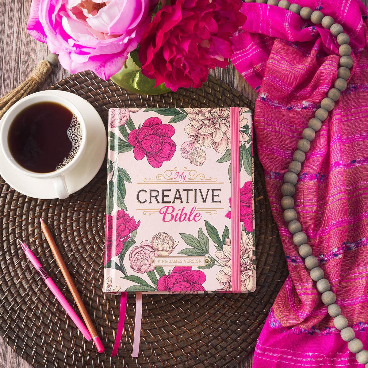 Rose-pink Floral Faux Leather Hardcover KJV My Creative Bible with Elastic Closure - The Christian Gift Company