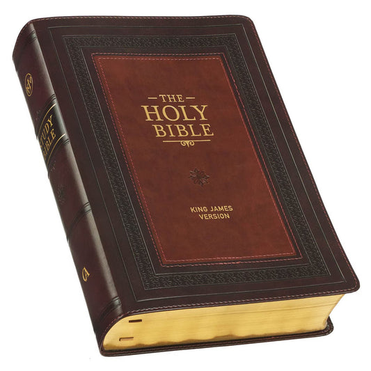 Burgundy and Saddle Tan Faux Leather Large Print King James Version Study Bible with Thumb Index - The Christian Gift Company