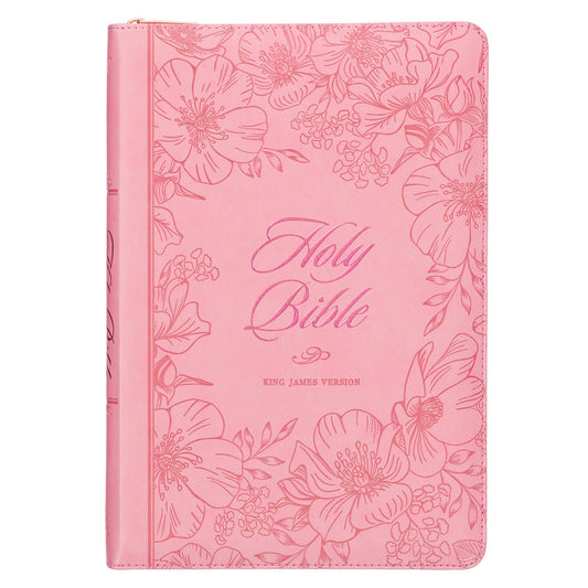 Sunrise Pink Faux Leather Large Print Thinline King James Version Bible with Zippered Closure and Thumb Index - The Christian Gift Company