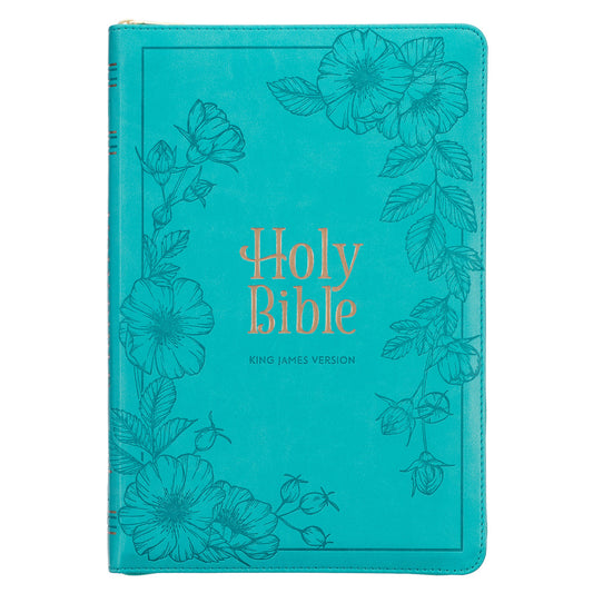 Vibrant Teal Faux Leather Large Print Thinline King James Version Bible with Zippered Closure and Thumb Index - The Christian Gift Company