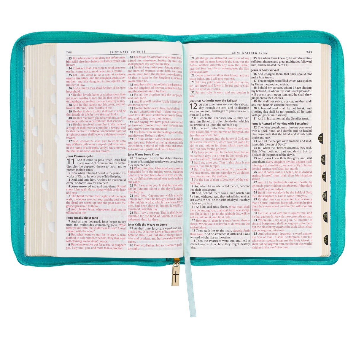 Vibrant Teal Faux Leather Large Print Thinline King James Version Bible with Zippered Closure and Thumb Index - The Christian Gift Company