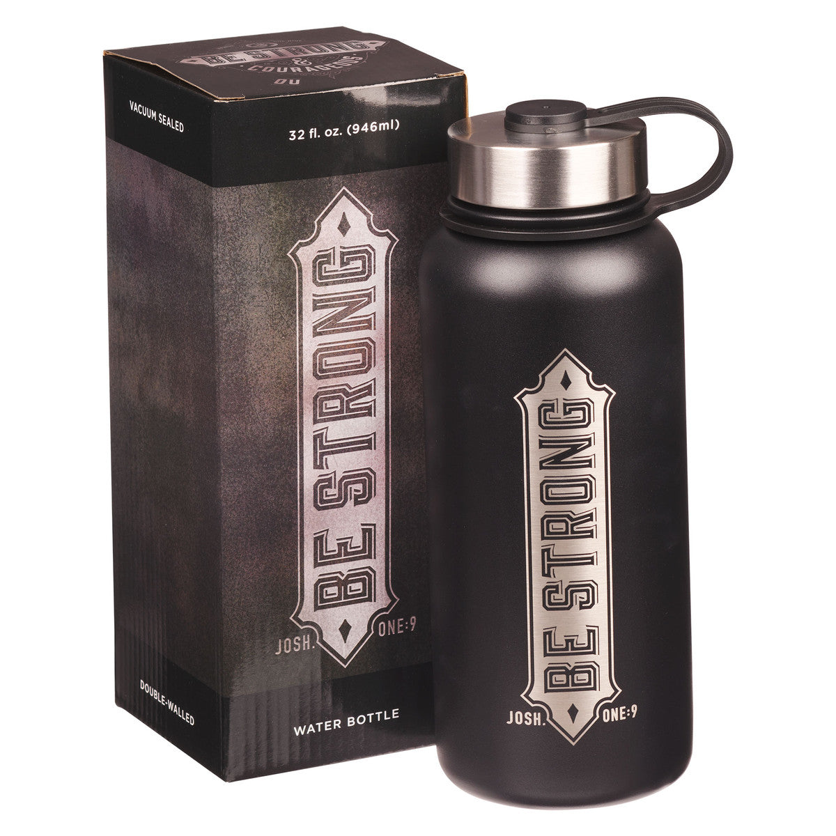 Be Strong Black Stainless Steel Water Bottle - Joshua 1:9 - The Christian Gift Company