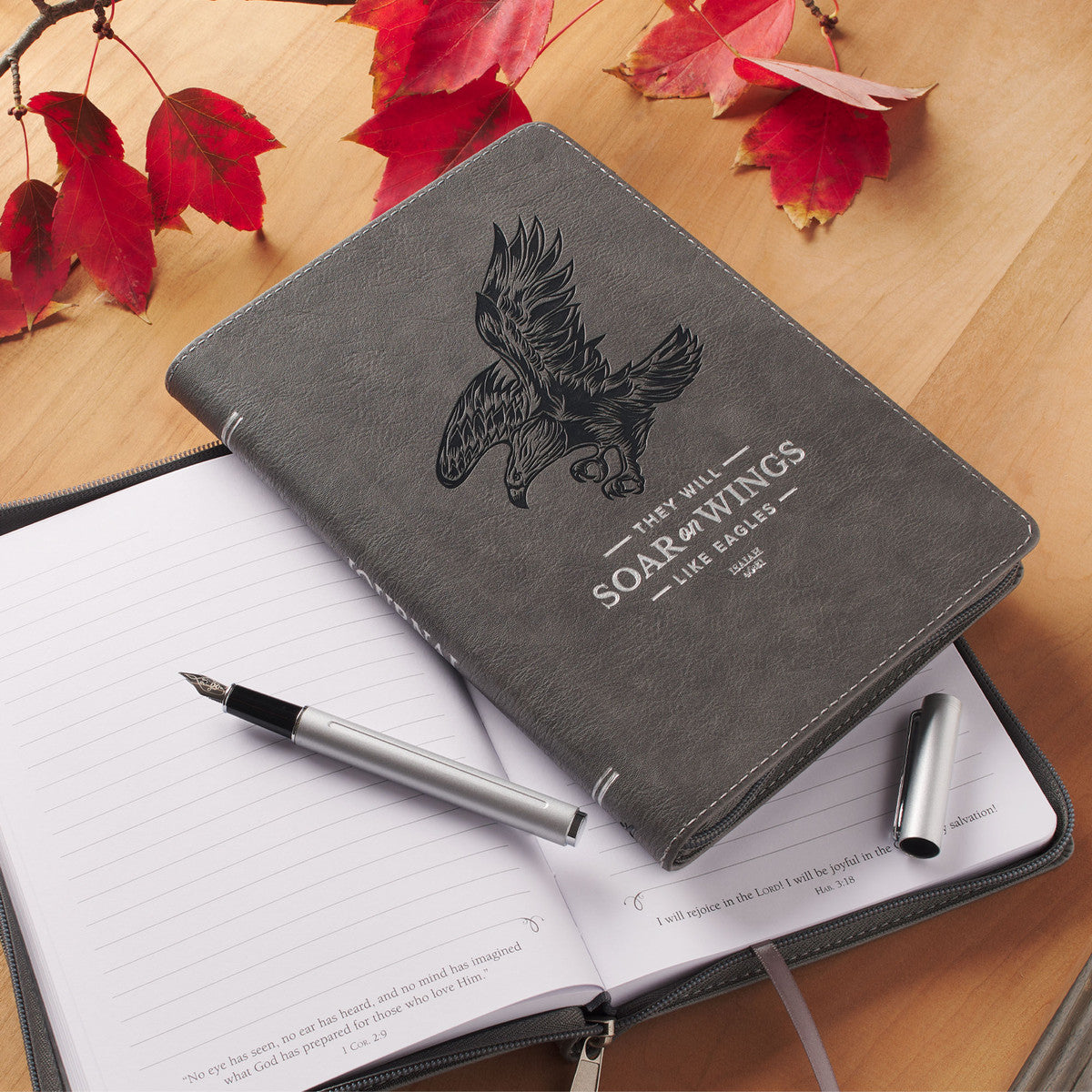 Wings Like Eagles Steel Grey Faux Leather Journal with Zipper Closure - Isaiah 40:31 - The Christian Gift Company