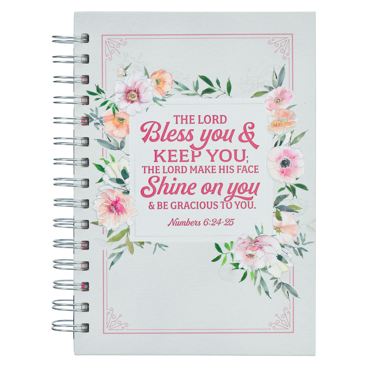 Bless You and Keep You White and Pink Floral Wirebound Journal - Numbers 6:24-25 - The Christian Gift Company