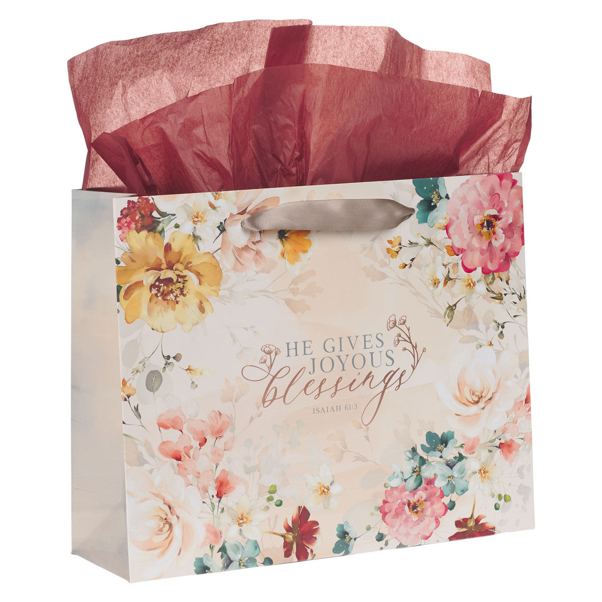 Joyous Blessings Floral Peach Large Landscape Gift Bag Set with Card - Isaiah 61:3 - The Christian Gift Company