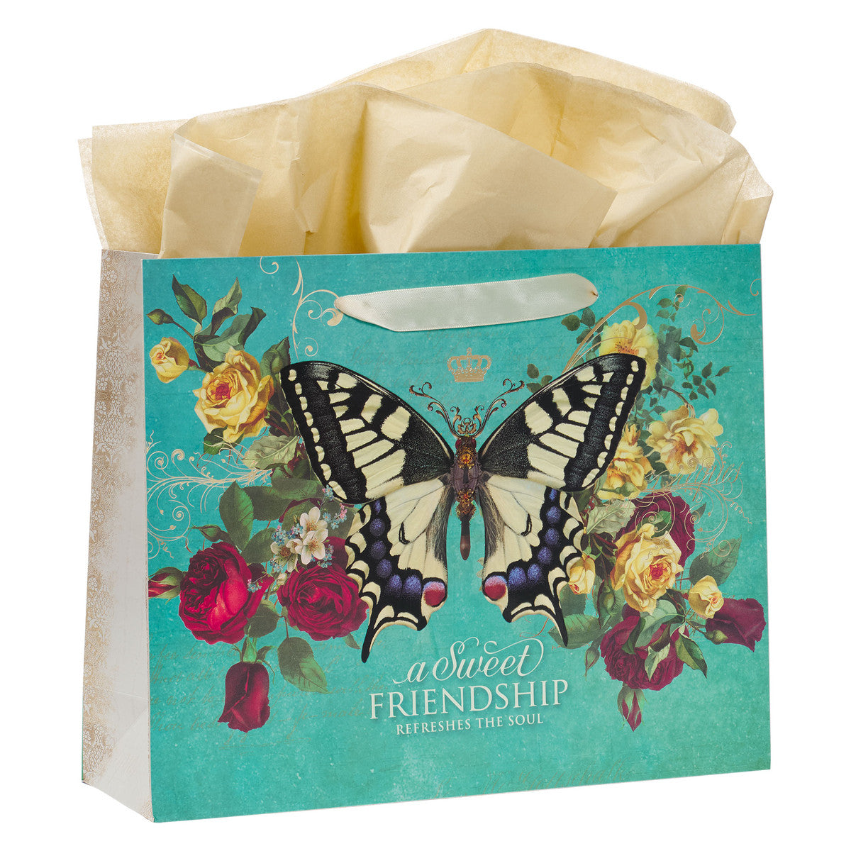 Sweet Friendship Butterfly Green Large Landscape Gift Bag with Card Set - Proverbs 27:9 - The Christian Gift Company