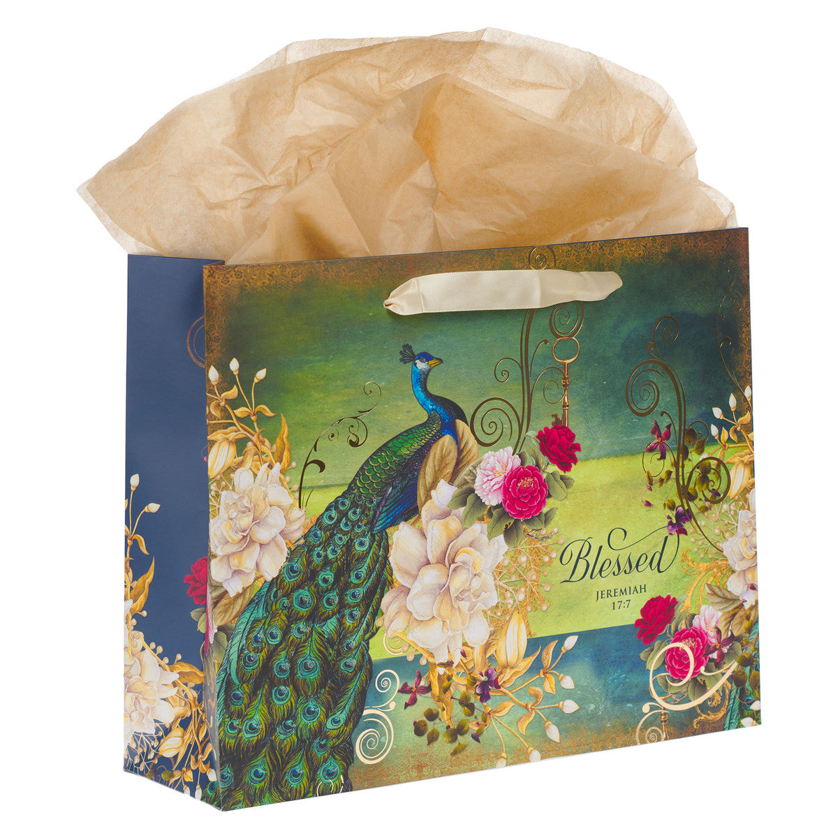 Blessed Blue Peacock Large Landscape Gift Bag with Card Set - Jeremiah 17:7 - The Christian Gift Company
