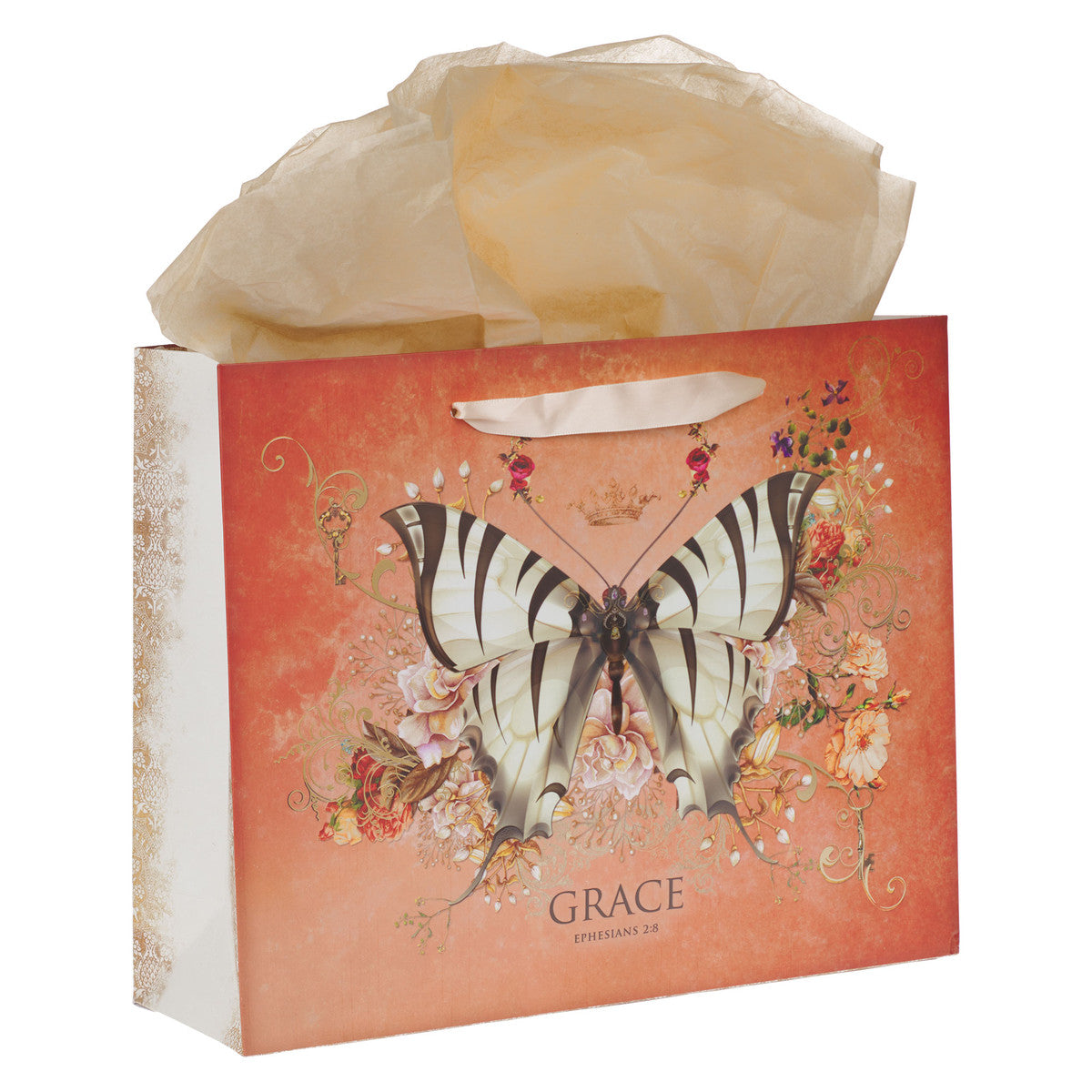 Grace Butterfly Orange Large Landscape Gift Bag with Card Set - Ephesians 2:8 - The Christian Gift Company