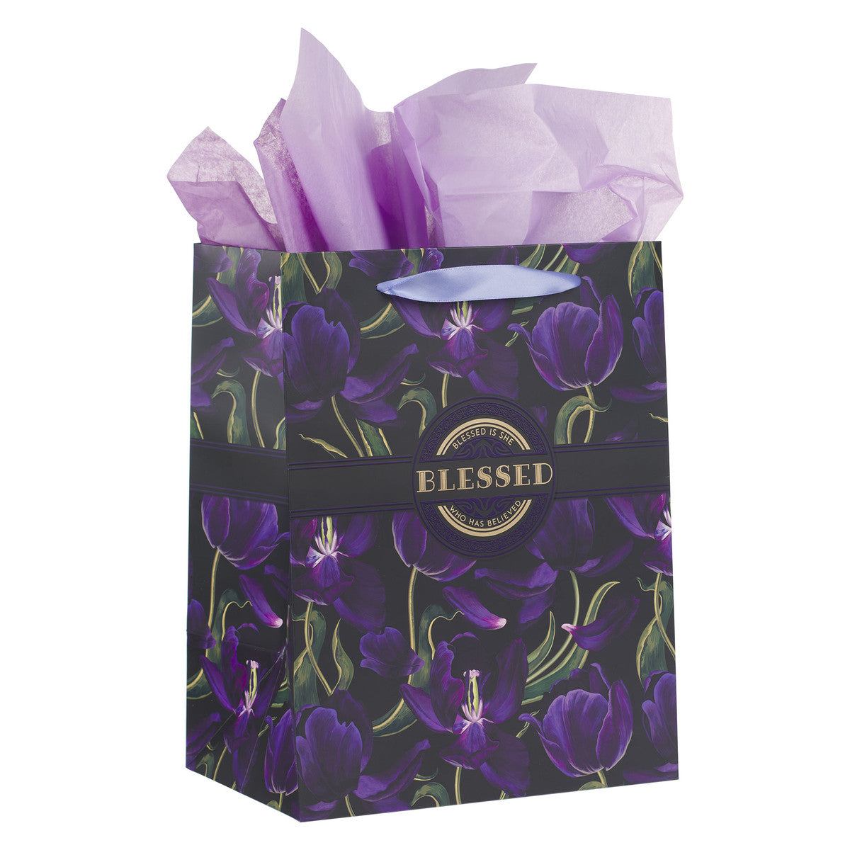 Blessed Purple Tulip Large Portrait Gift Bag with Card Set - Luke 1:45 - The Christian Gift Company