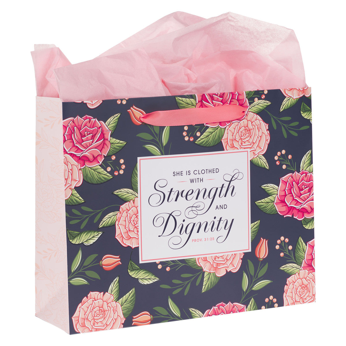Strength and Dignity Pink Rose Large Landscape Gift Bag with Card Set - Proverbs 31:25 - The Christian Gift Company
