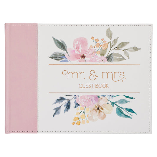 Pink Floral Mr. & Mrs. Medium Faux Leather Wedding Guest Book - 1 John 4:19 - The Christian Gift Company