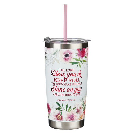 Bless You and Keep You White Floral Stainless Steel Travel Tumbler with Straw - Numbers 6:24-25 - The Christian Gift Company