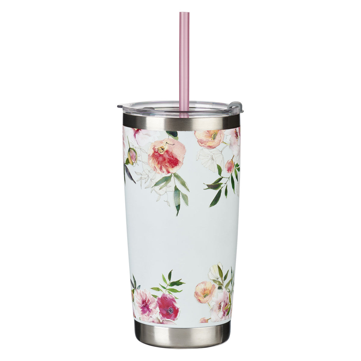 Bless You and Keep You White Floral Stainless Steel Travel Tumbler with Straw - Numbers 6:24-25 - The Christian Gift Company