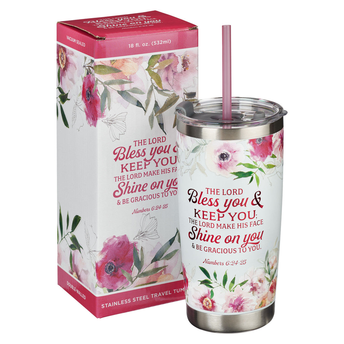 Bless You and Keep You White Floral Stainless Steel Travel Tumbler with Straw - Numbers 6:24-25 - The Christian Gift Company
