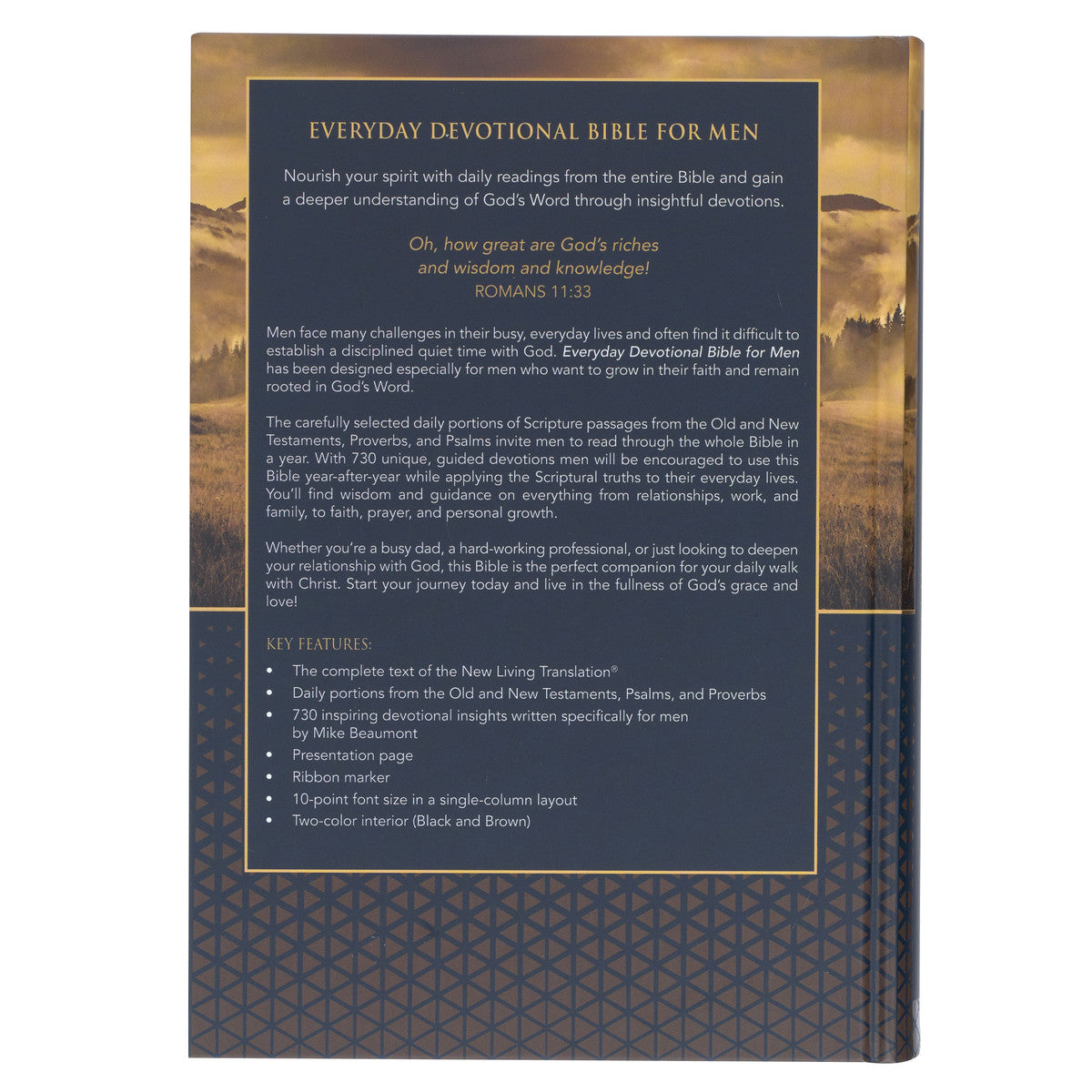 Gold and Navy Mountain View Hardcover NLT Everyday Devotional Bible for Men - The Christian Gift Company