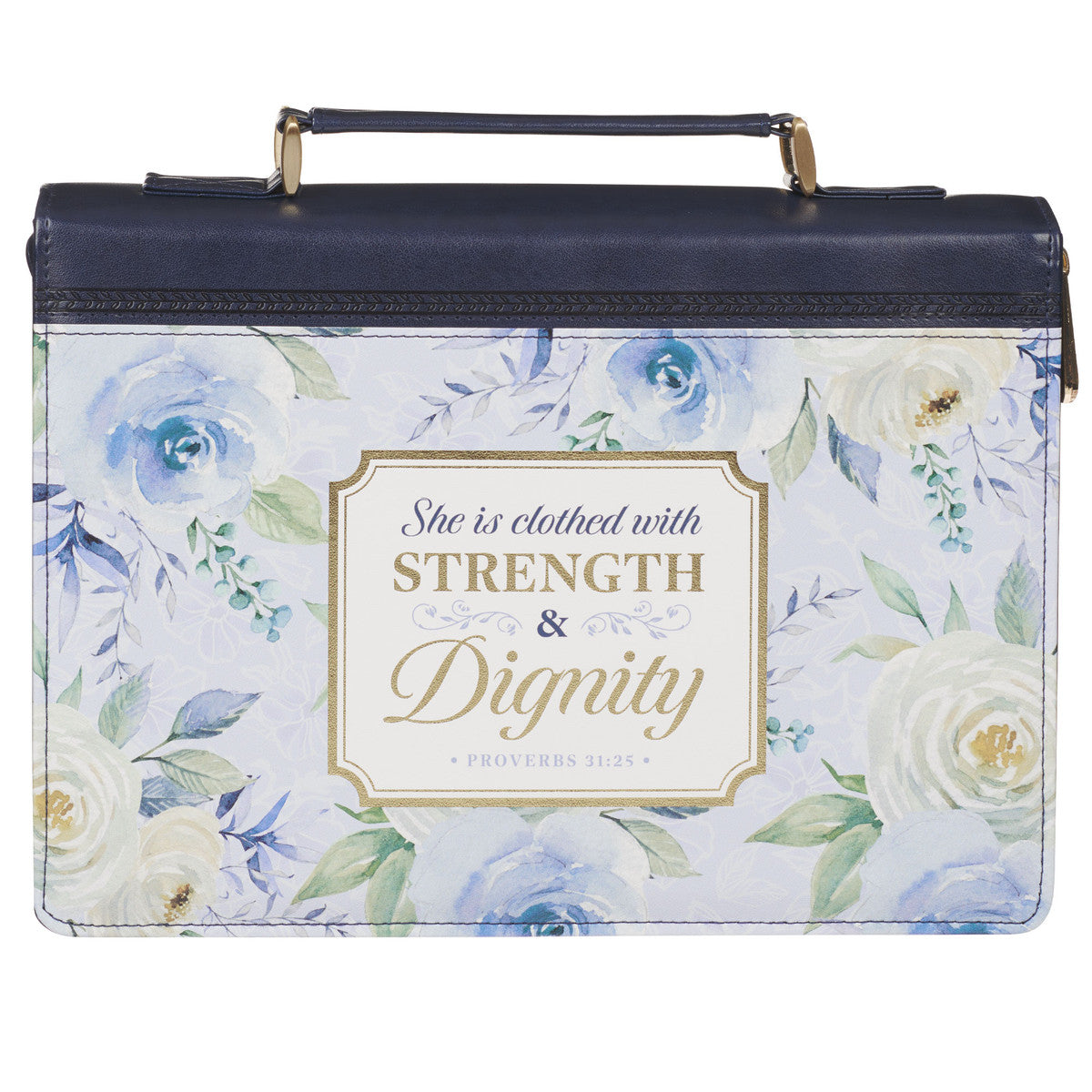Strength and Dignity Indigo Rose Faux Leather Fashion Bible Cover - Proverbs 31:25 - The Christian Gift Company
