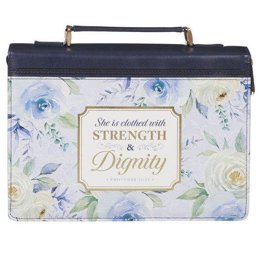 Strength and Dignity Indigo Rose Faux Leather Fashion Bible Cover - Proverbs 31:25 - The Christian Gift Company