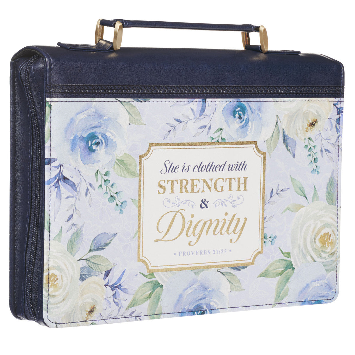 Strength and Dignity Indigo Rose Faux Leather Fashion Bible Cover - Proverbs 31:25 - The Christian Gift Company