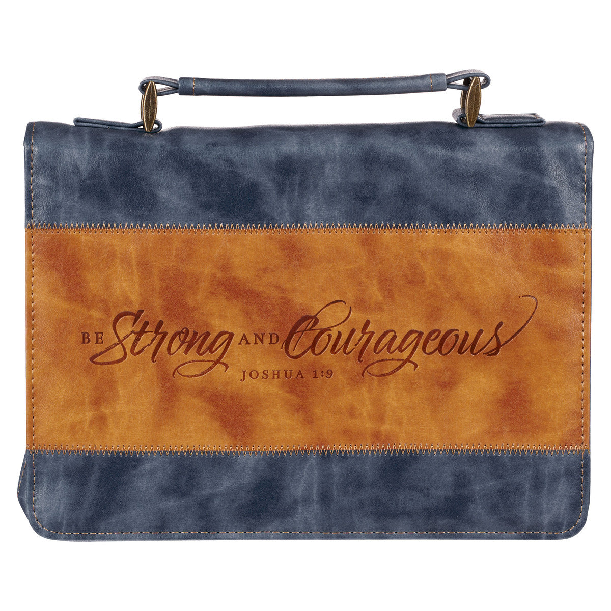 Strong and Courageous Butterscotch and Navy Classic Bible Cover - Joshua 1:9 - The Christian Gift Company