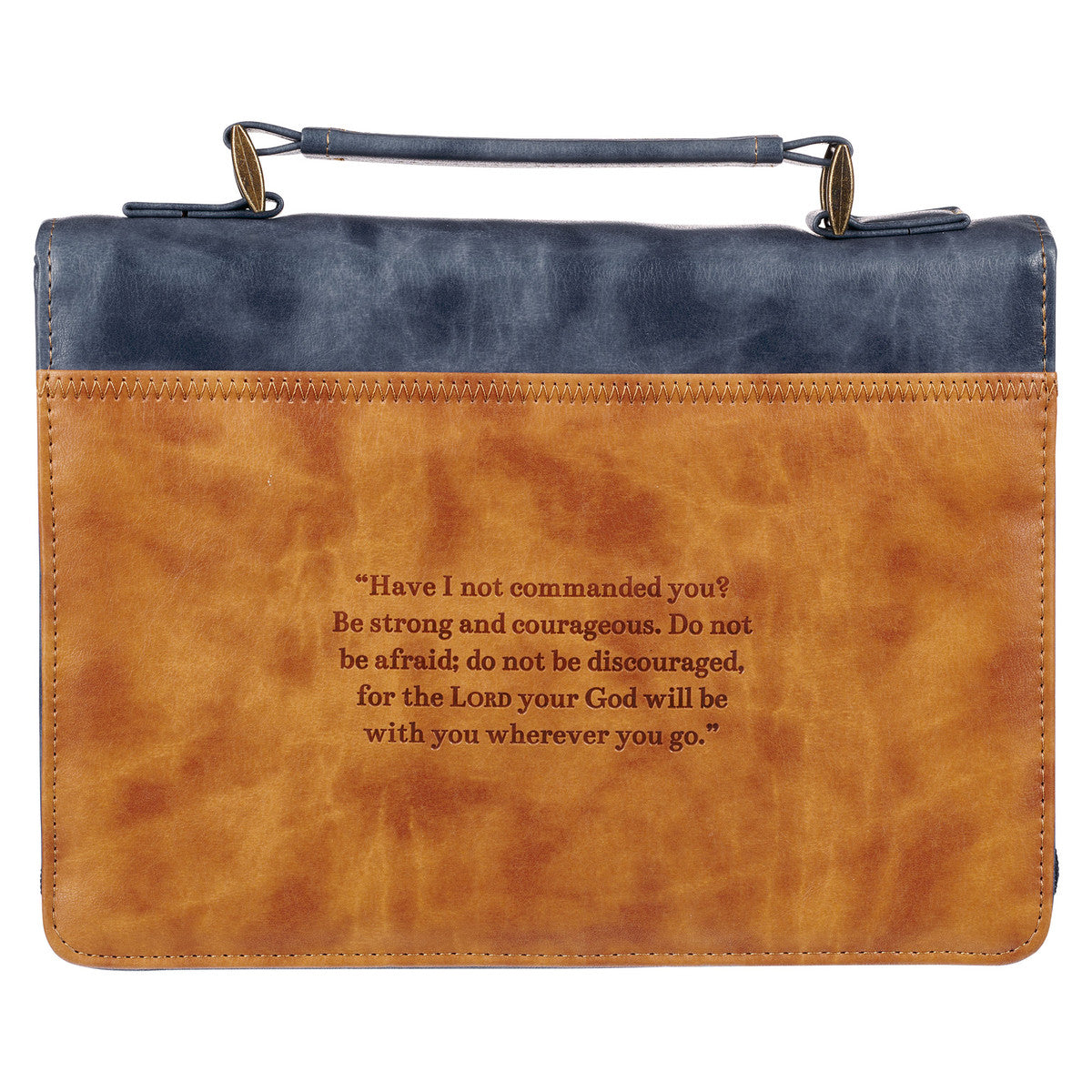 Strong and Courageous Butterscotch and Navy Classic Bible Cover - Joshua 1:9 - The Christian Gift Company
