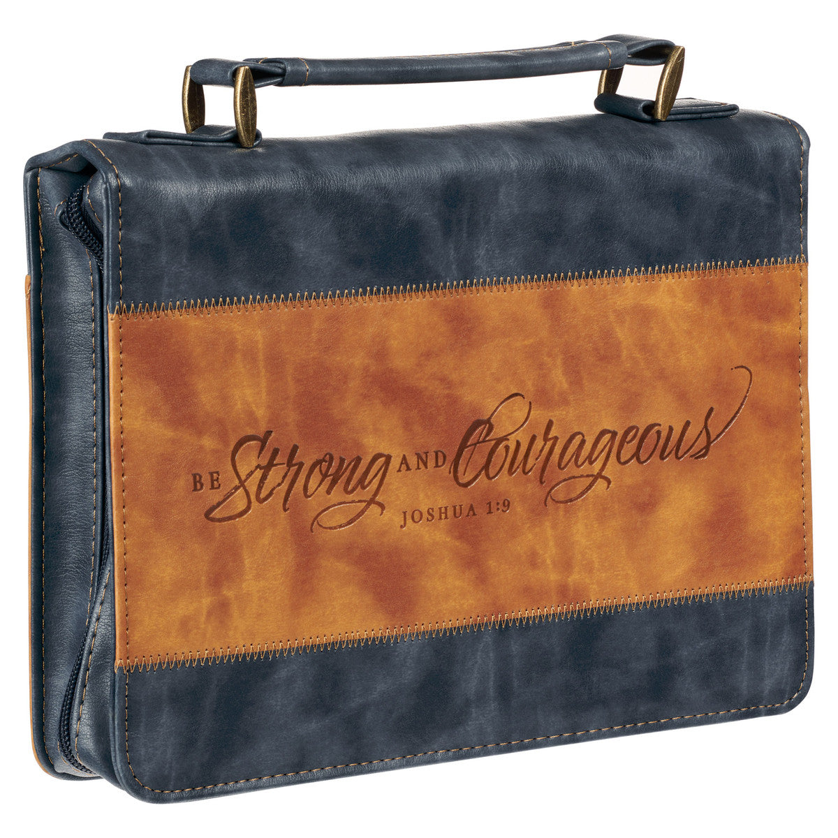 Strong and Courageous Butterscotch and Navy Classic Bible Cover - Joshua 1:9 - The Christian Gift Company