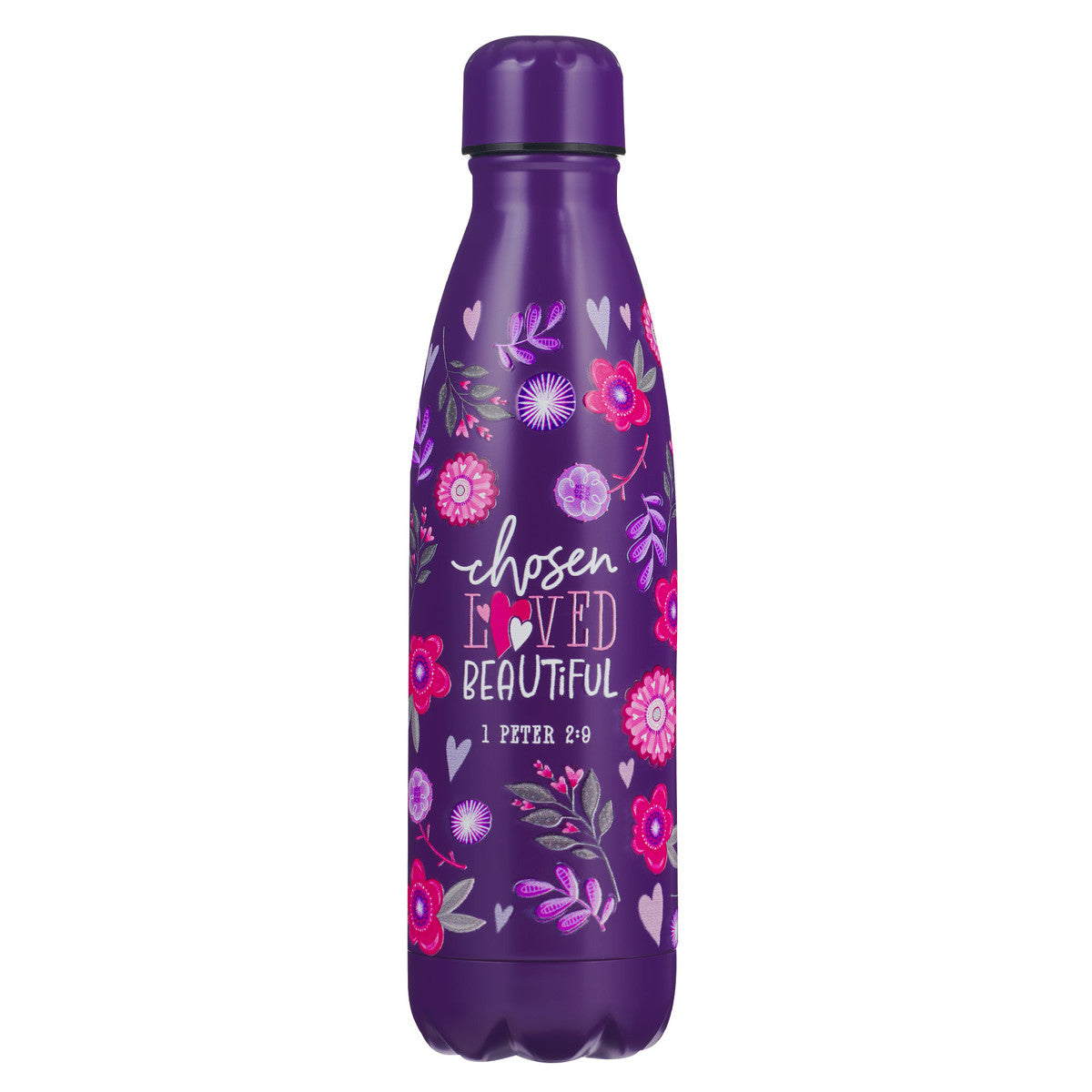 Chosen Loved Beautiful Purple Stainless Steel Water Bottle - 1 Peter 2:9 - The Christian Gift Company