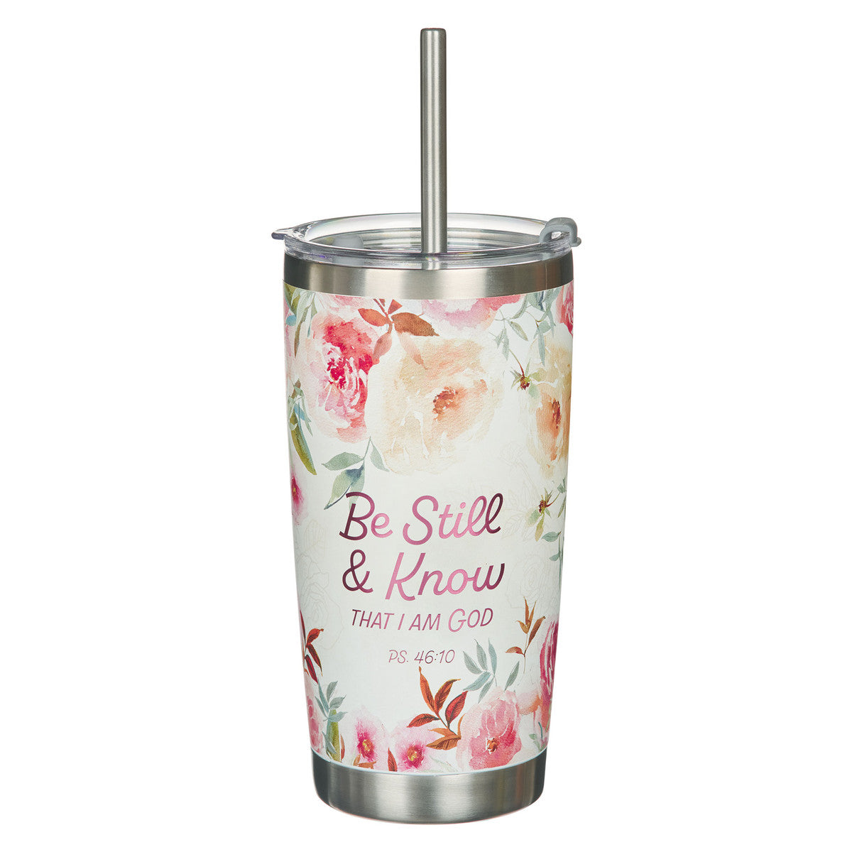 Be Still and Know Bright Floral Stainless Steel Travel Tumbler with Stainless Steel Straw - Psalm 46:10 - The Christian Gift Company