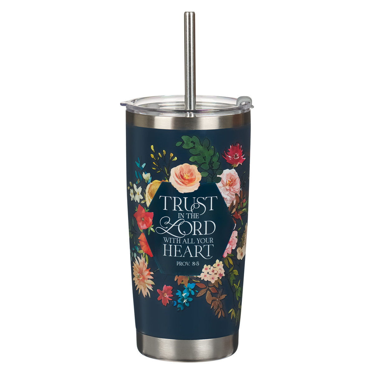 Trust Indigo Blue Floral Stainless Steel Travel Tumbler with Stainless Steel Straw - Proverbs 3:5 - The Christian Gift Company