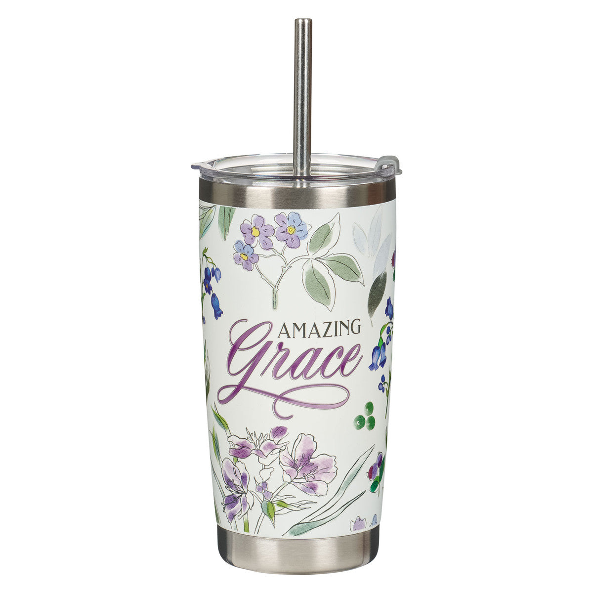Amazing Grace Purple Floral Stainless Steel Travel Tumbler with Stainless Steel Straw - The Christian Gift Company