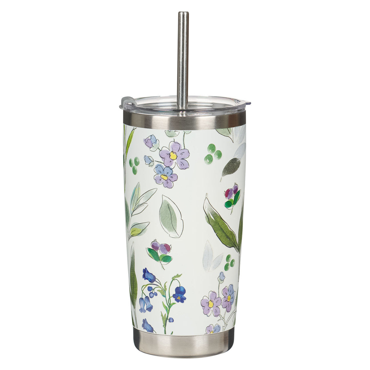 Amazing Grace Purple Floral Stainless Steel Travel Tumbler with Stainless Steel Straw - The Christian Gift Company