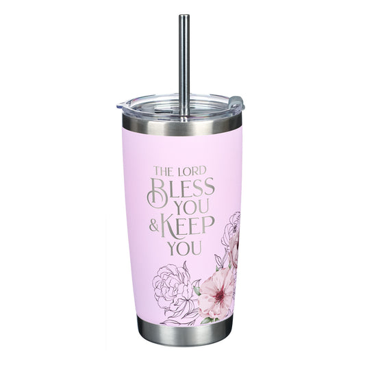 Bless You and Keep You Pink Floral Stainless Steel Travel Tumbler with Stainless Steel Straw - Numbers 6:24 - The Christian Gift Company