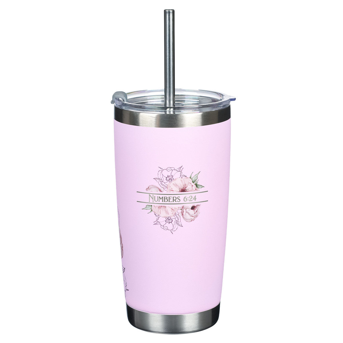 Bless You and Keep You Pink Floral Stainless Steel Travel Tumbler with Stainless Steel Straw - Numbers 6:24 - The Christian Gift Company