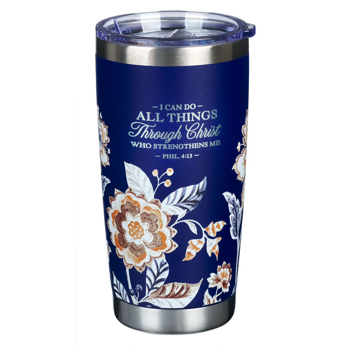I Can Do All Things Honey-brown and Navy Floral Stainless Steel Travel Tumbler - Philippians 4:13