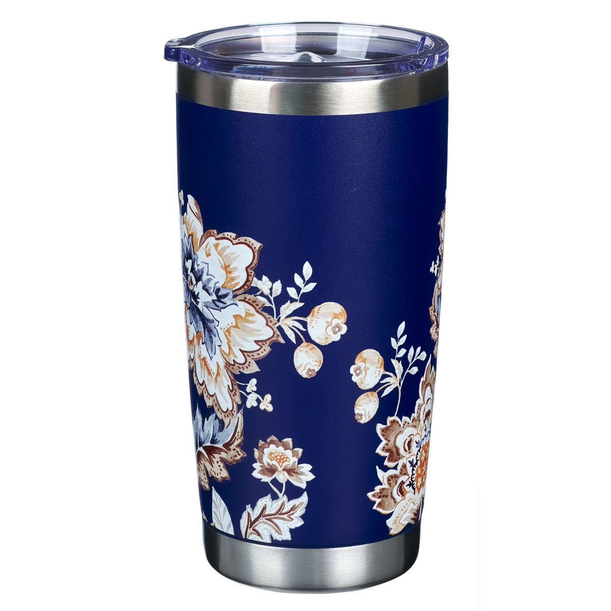 I Can Do All Things Honey-brown and Navy Floral Stainless Steel Travel Tumbler - Philippians 4:13