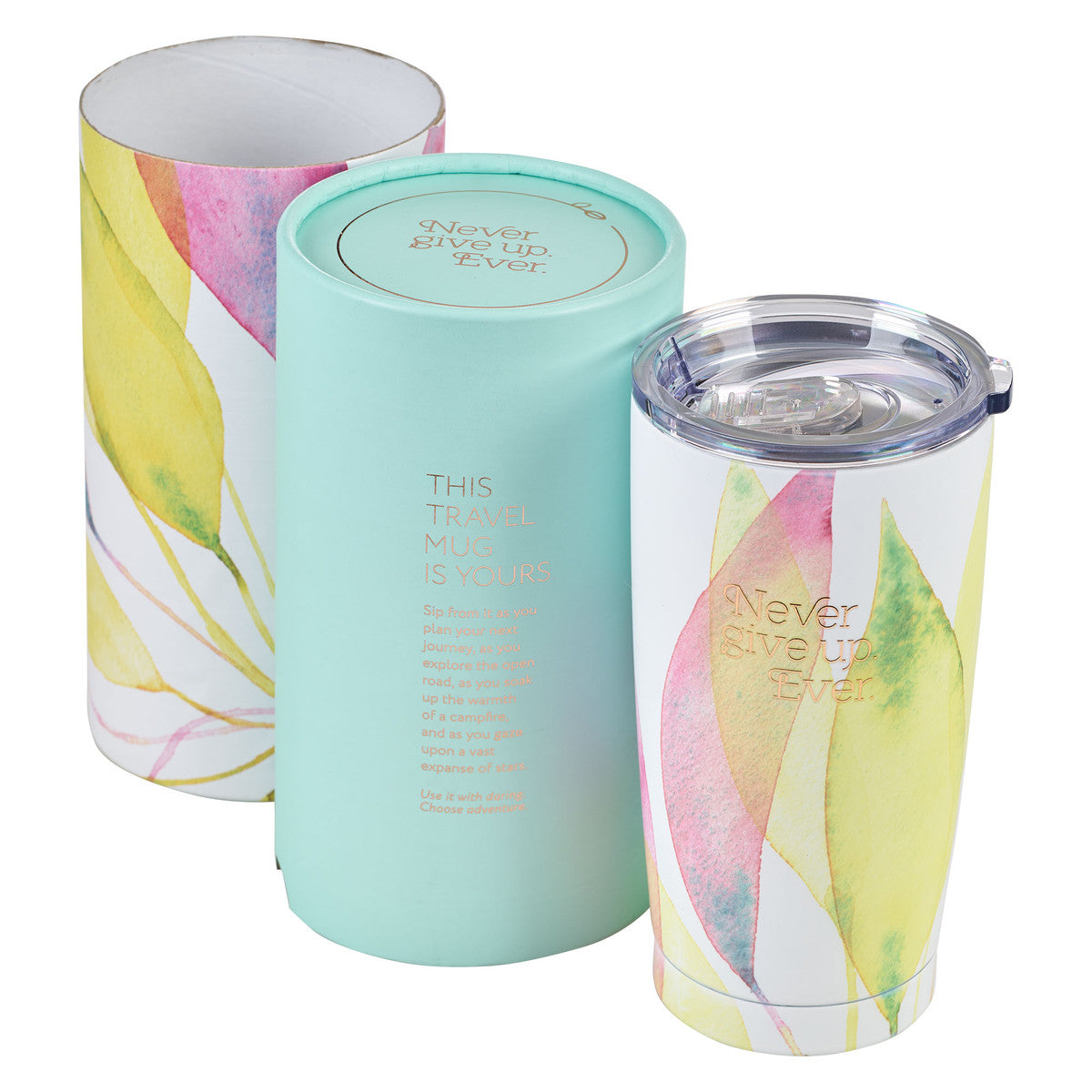 Never Give Up Citrus Leaves Stainless Steel Travel Mug - The Christian Gift Company