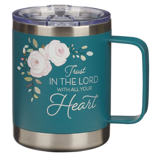 Trust in the Lord Teal Floral Camp-Style Stainless Steel Travel Mug - Proverbs 3:5 - The Christian Gift Company
