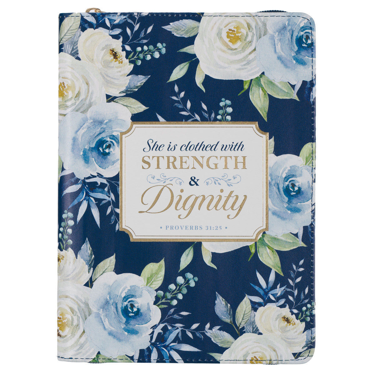 Strength and Dignity Indigo Rose Faux Leather Journal with Zipper Closure - Proverbs 31:25 - The Christian Gift Company