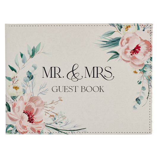 Mr. & Mrs. Peachy-pink Floral Faux Leather Medium Wedding Guest Book - 1 John 4:19 - The Christian Gift Company